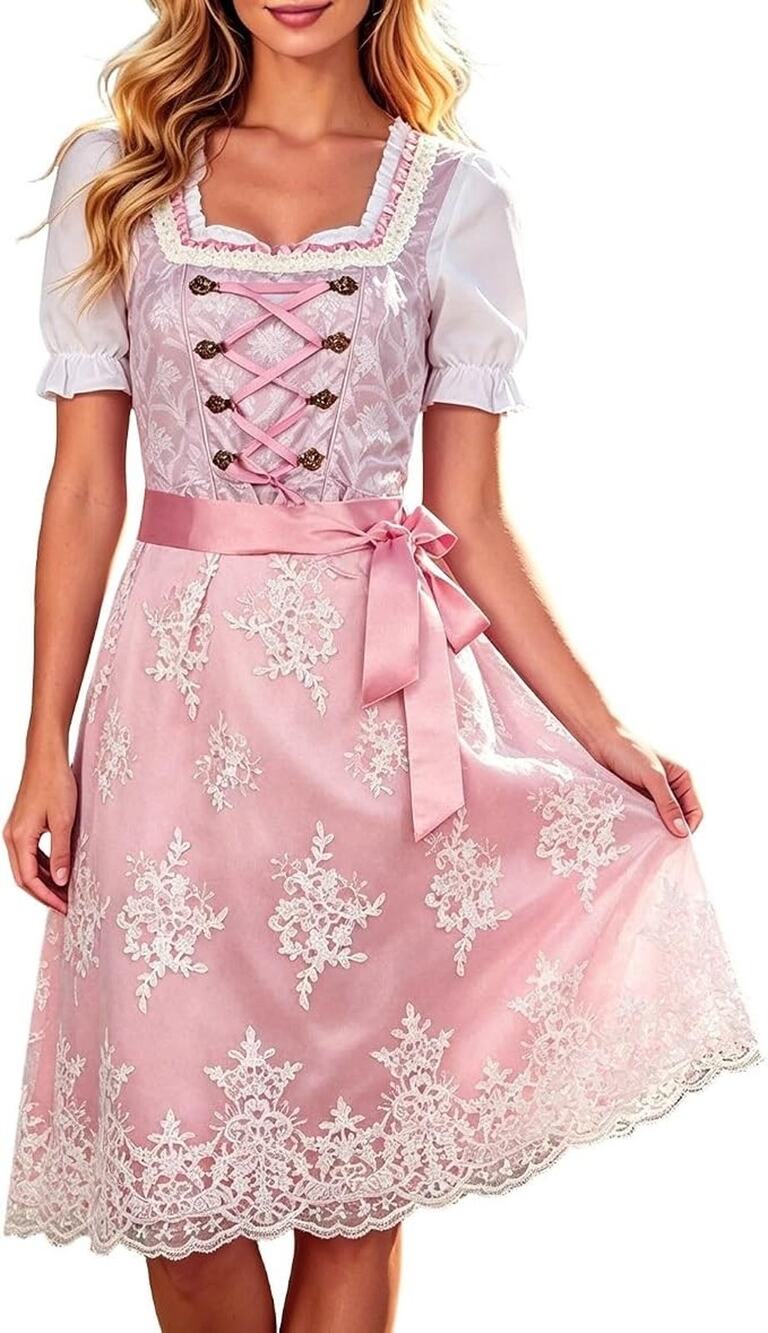 NEW! Oktoberfest 3 Piece Women's Costume Set Cosplay, Pink w/ Ruffles Lace, L